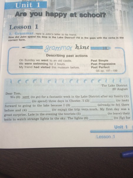 We went for a fantastic week. Unit 1 Lesson 1 Dear Tom. We went to go for a fantastic week in the Lake District after my Family. The trip i enjoyed very much.